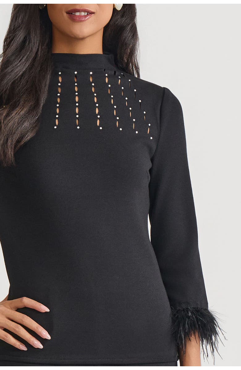 Ming Wang Embellished High Neck Soft Knit Top, Alternate, color, Black/White