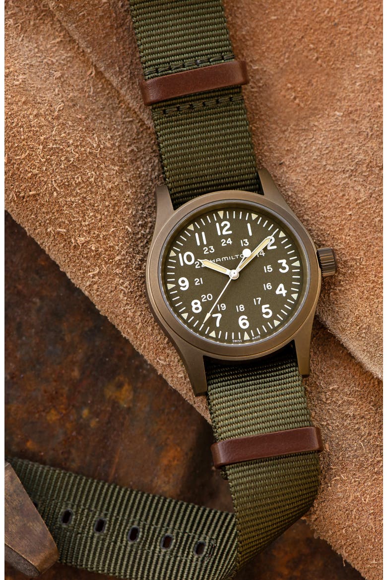 Khaki Field Mechanical NATO Strap Watch, 38mm, Alternate, color, GREEN