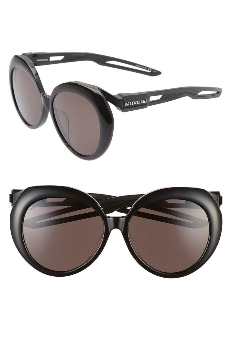 56mm Round Sunglasses, Main, color, SHINY BLACK/ GREY