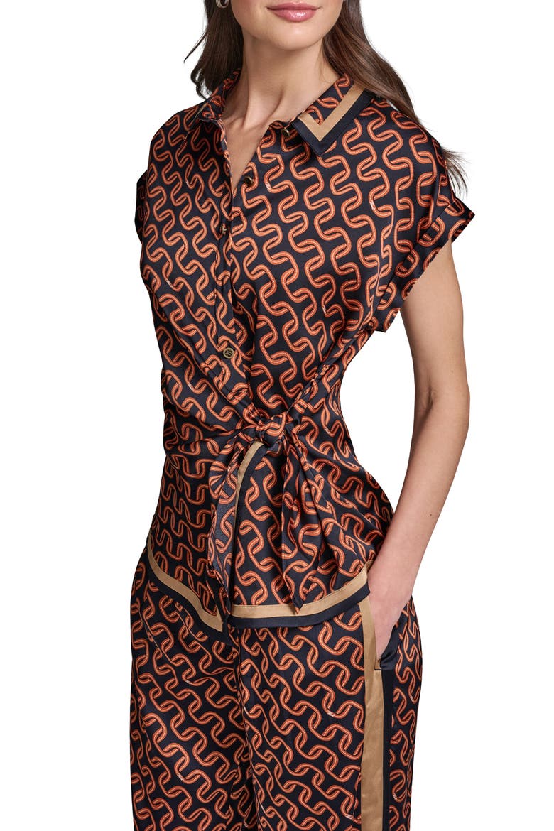 Side Tie Crêpe de Chine Button-Up Shirt, Alternate, color, MIDNIGHT NAVY/ SIENA