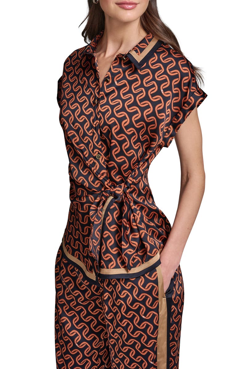KARL LAGERFELD PARIS Side Tie Crêpe de Chine Button-Up Shirt, Alternate, color, Midnight Navy/ Siena