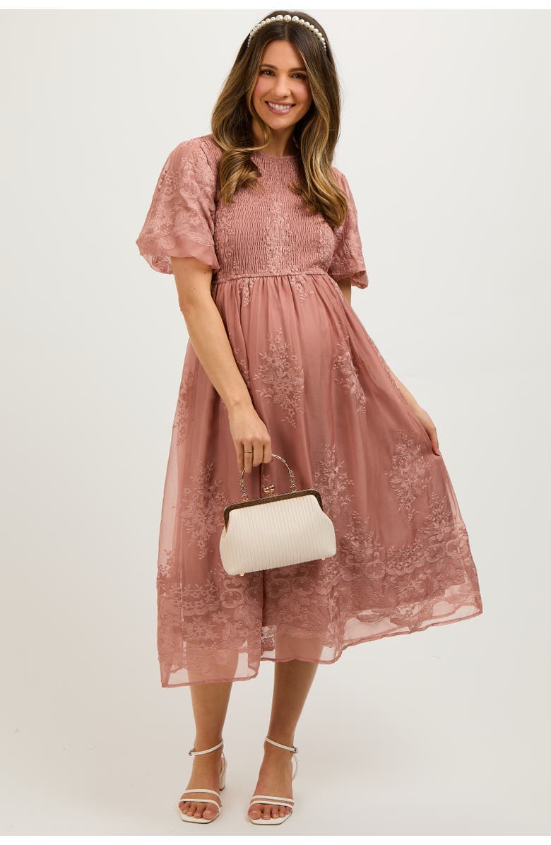 PinkBlush Floral Lace Smocked Midi Dress, Main, color, Mauve