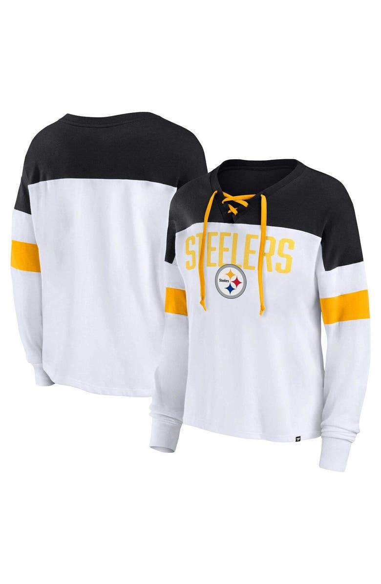 FANATICS Women's Fanatics Branded White/Black Pittsburgh Steelers Plus Size Even Match Lace-Up Long Sleeve V-Neck Top, Main, color,