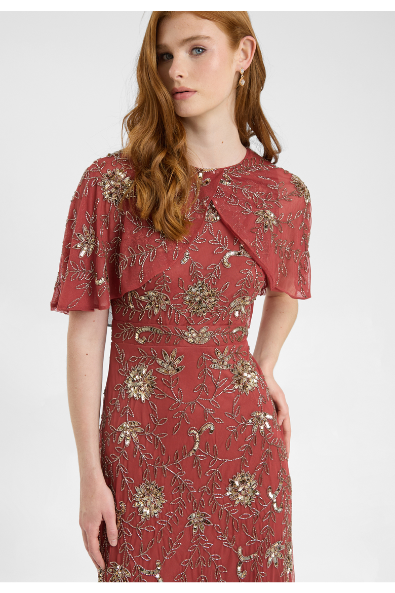 Embellished Sequin Beaded Maxi Dress With Round Neckline With Cape-Style Short Sleeves, Alternate, color, RUST