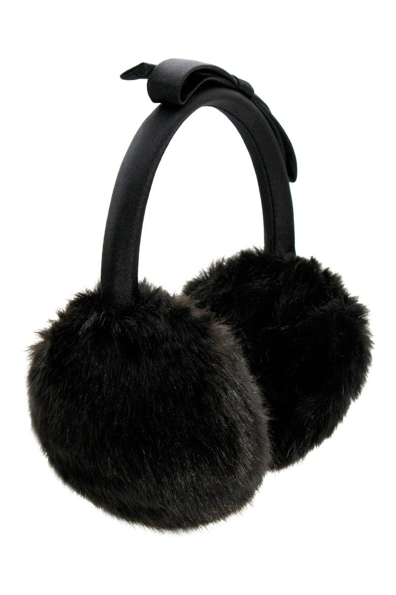 shoelace bow faux fur earmuffs, Alternate, color, BLACK