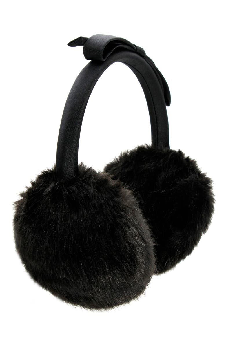 Kate Spade New York shoelace bow faux fur earmuffs, Alternate, color, Black