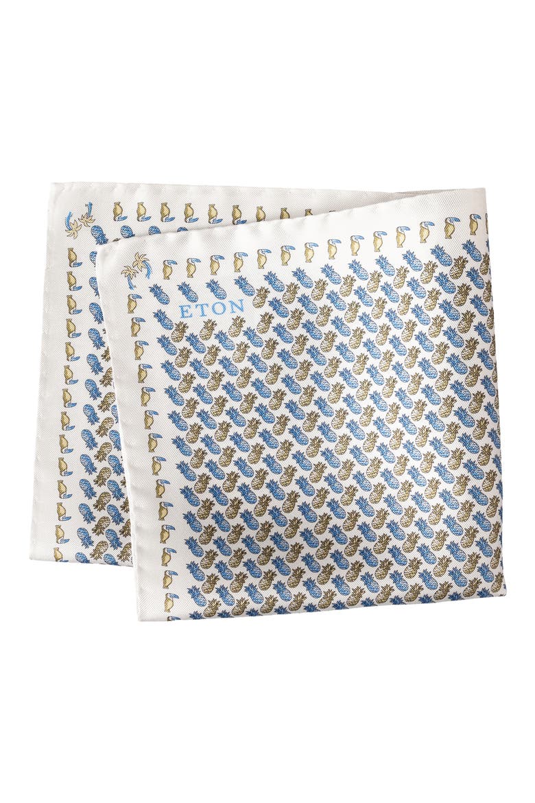 White Pineapple Print Silk Twill Pocket Square, Main, color, WHITE
