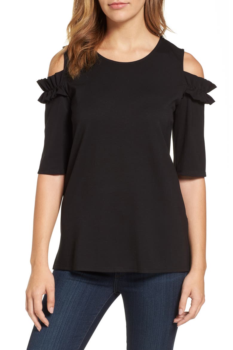 Ruffle Cold Shoulder Tee, Main, color, BLACK