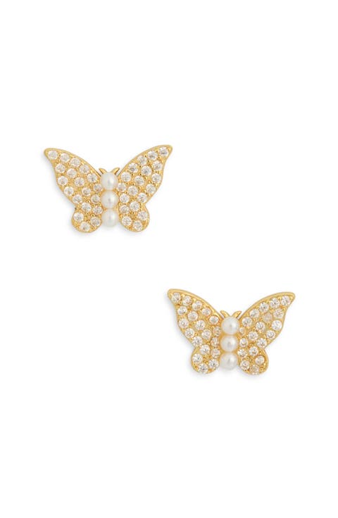 Pavé Cubic Zirconia & Freshwater Pearl Butterfly Stud Earrings