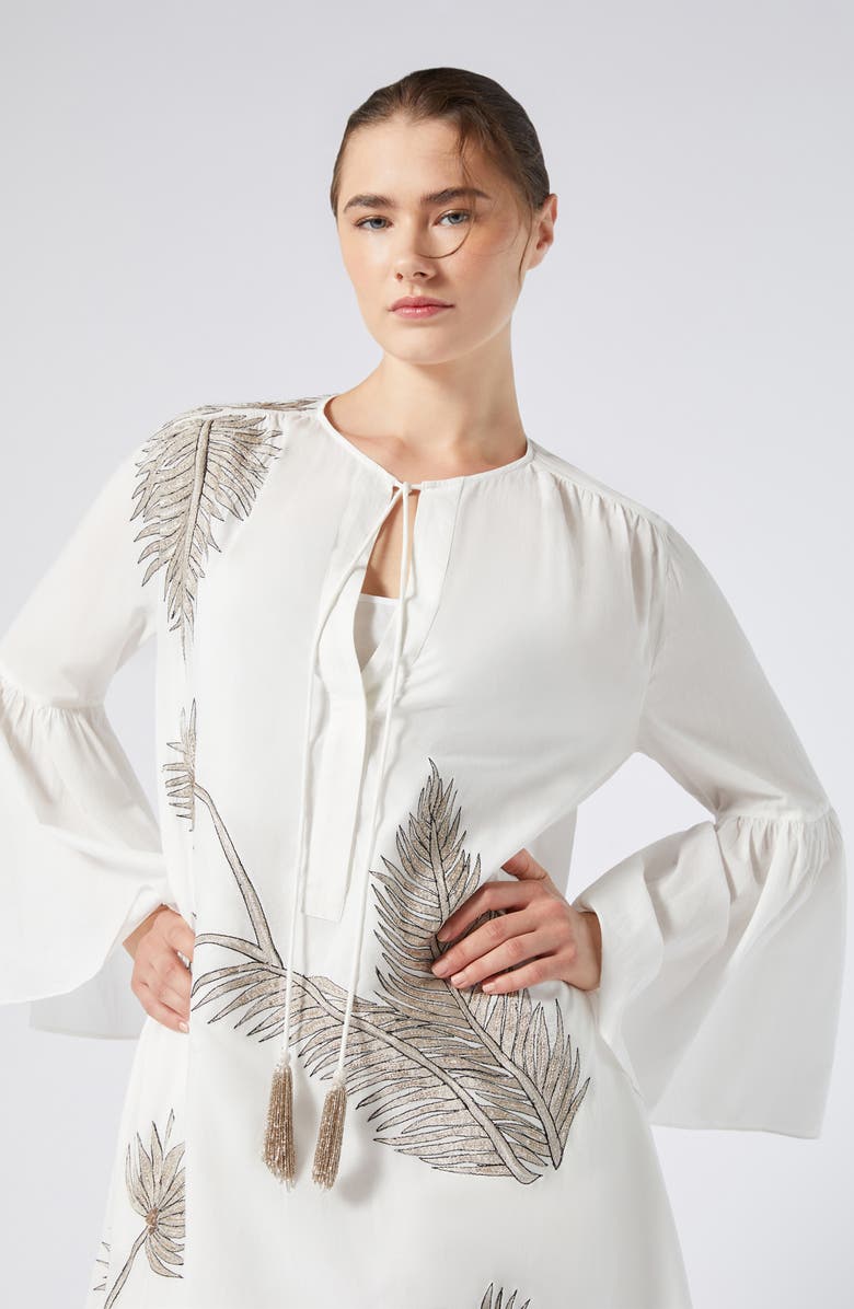 Marina Rinaldi York Metallic Floral Crystal Detail Long Sleeve Cotton Dress, Alternate, color, Optical White
