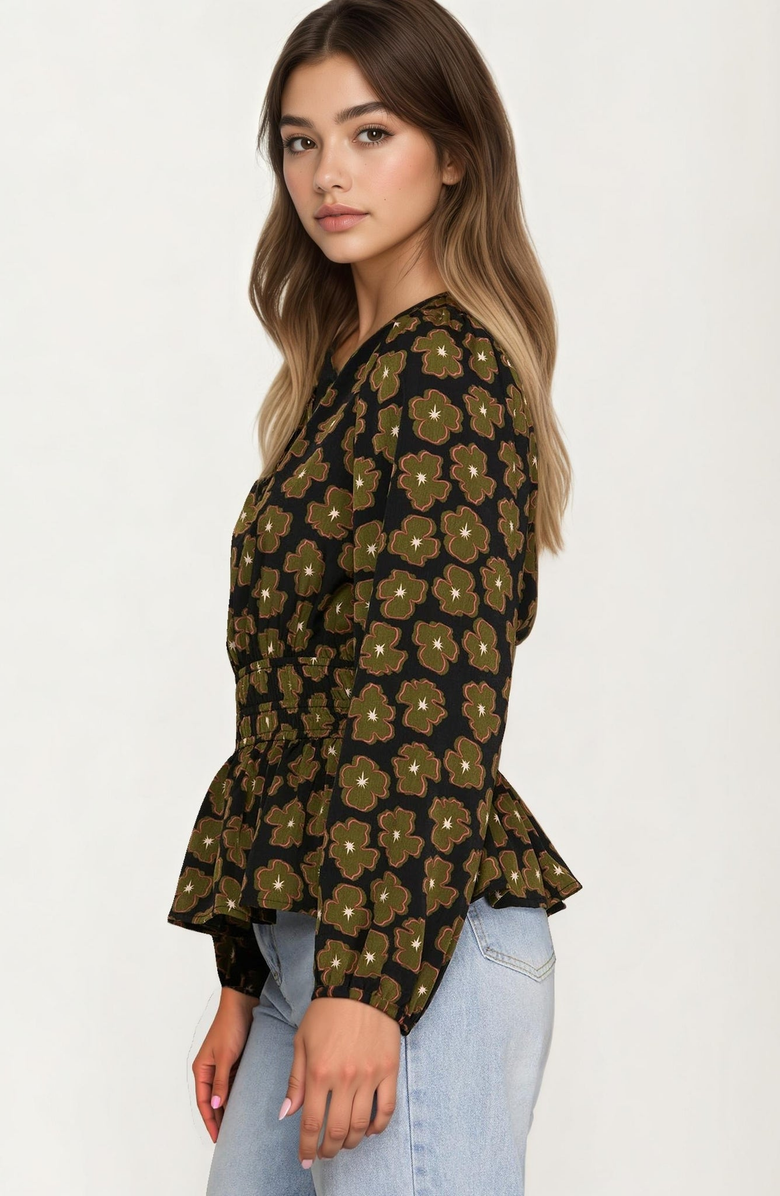 Knit and Lounge Floral Print Smocked Waist Blouse, Alternate, color, Black / Green Floral