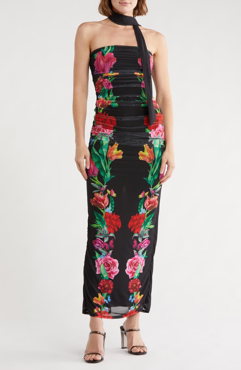 AFRM Ira Strapless Ruched Mesh Maxi Dress, Main, color, Body Floral