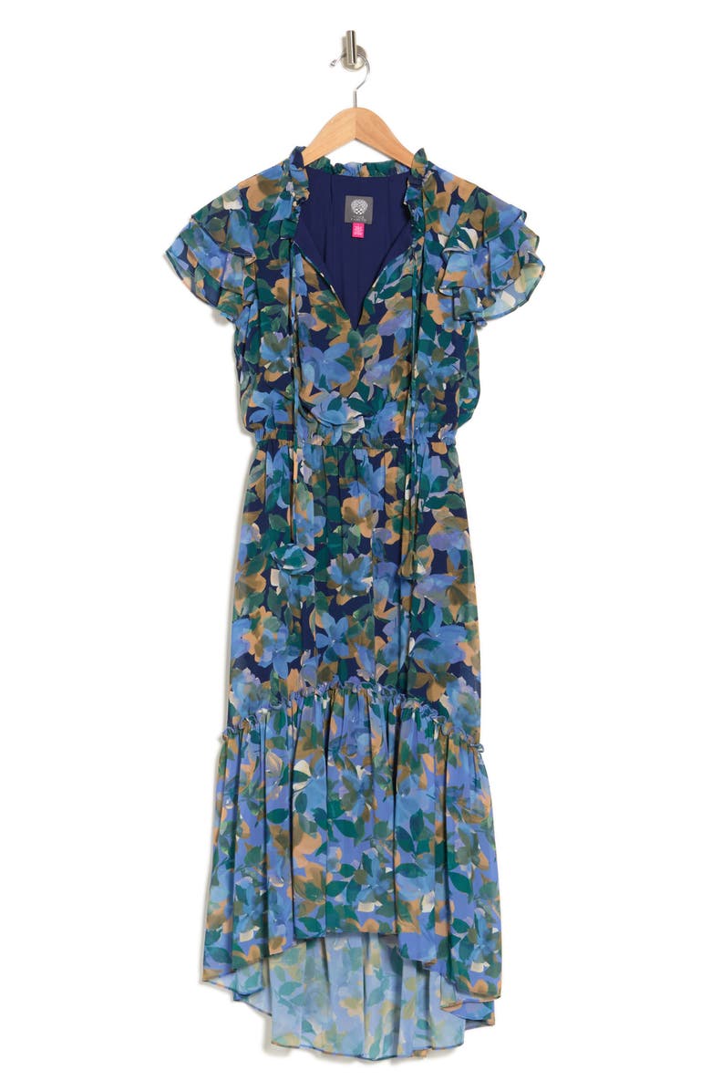 Vince Camuto Floral Flutter Sleeve Chiffon High-Low Midi Dress, Alternate, color, Blue