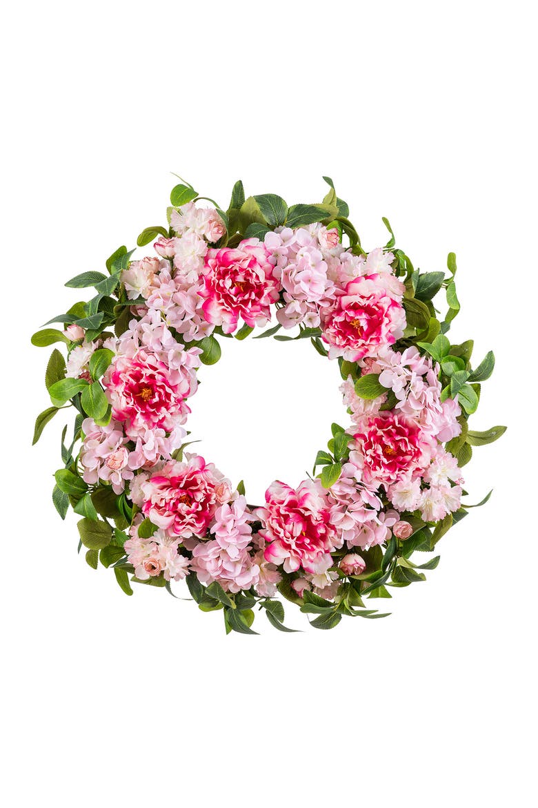 24"D Hydrangea Peony & Cherry Wreath with a Wreath Hanger, Main, color, Pink