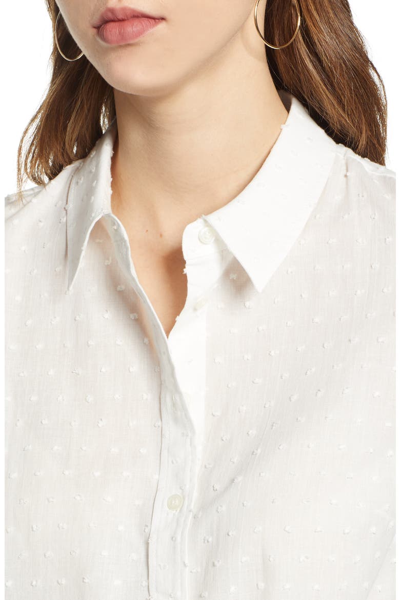 Tie Front Button Down Clip Dot Shirt, Alternate, color, IVORY CLOUD