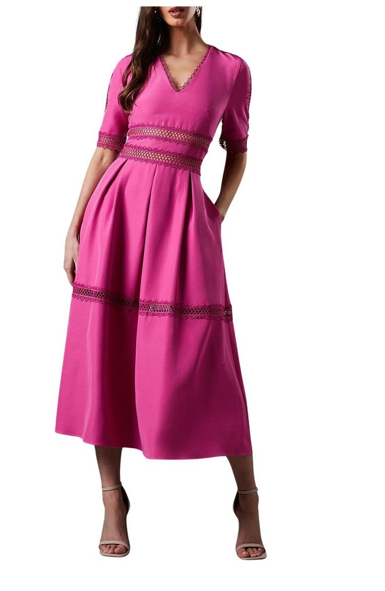 Coast Crochet Insert Crepe V Neck Midi Dress, Alternate, color, Pink