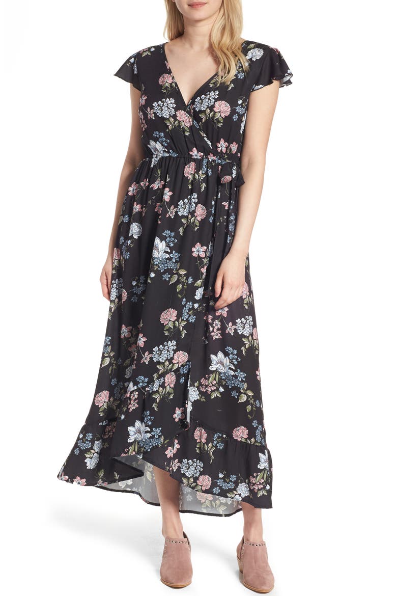 Faux Wrap Maxi Dress, Main, color, BLACK/BLUE