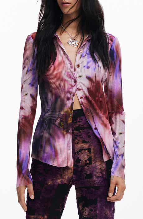 Pleated Long Sleeve Button-Up Shirt