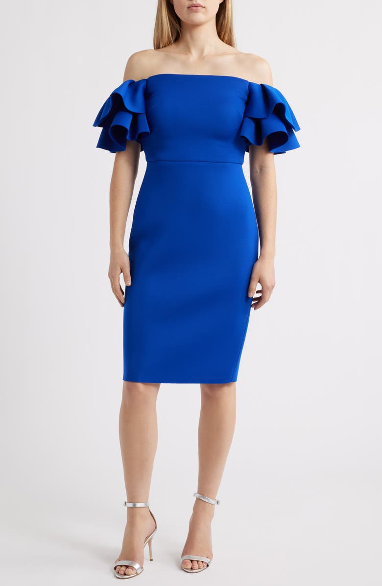 Eliza J Ruffled Off-the-Shoulder Cocktail Dress, Main, color, Cobalt