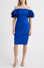 eliza j sheer ruffle shoulder cocktail dress Eliza J Women's Ruffle Off the Shoulder Scuba Gown, 6