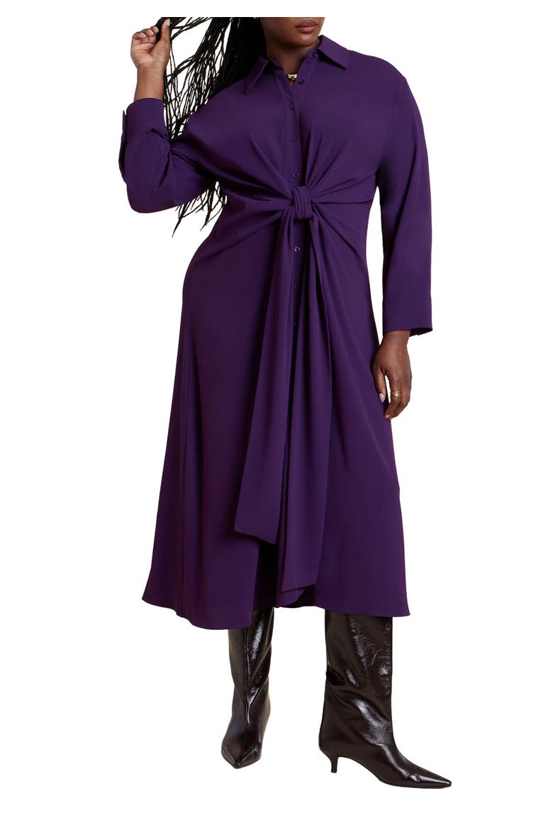 Tie Front Oversized Midi Shirt Dress, Main, color, PURPLE PENNANT