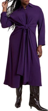 ELOQUII Tie Front Oversized Midi Shirt Dress