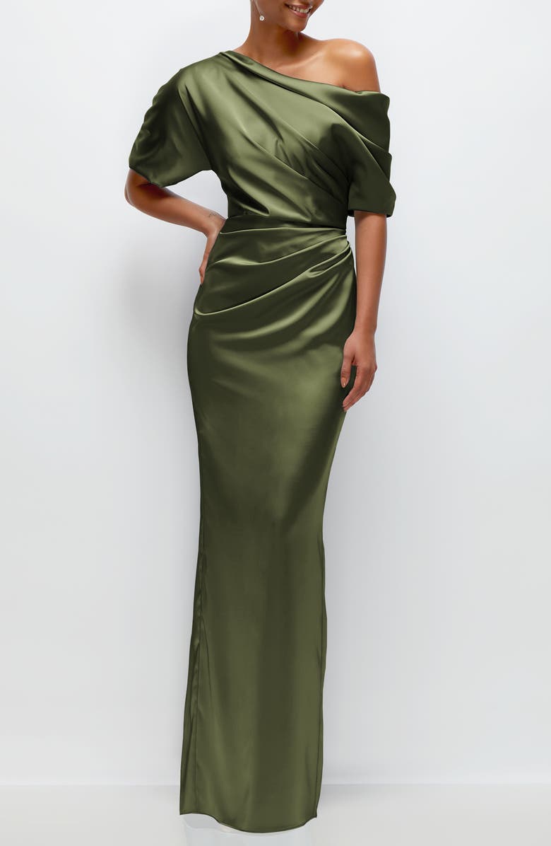 After Six Ruched One-Shoulder Satin Gown, Main, color, Olive Green