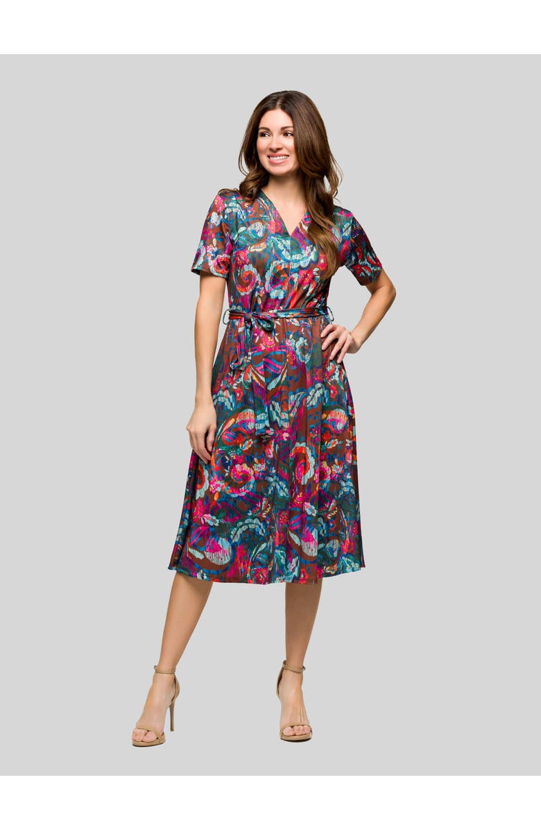 24seven Comfort Apparel Brown and Pink Print Short Sleeve Tie Waist Midi Dress, Main, color, Brown Multi