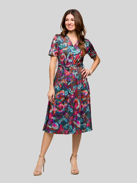 Brown and Pink Print Short Sleeve Tie Waist Midi Dress