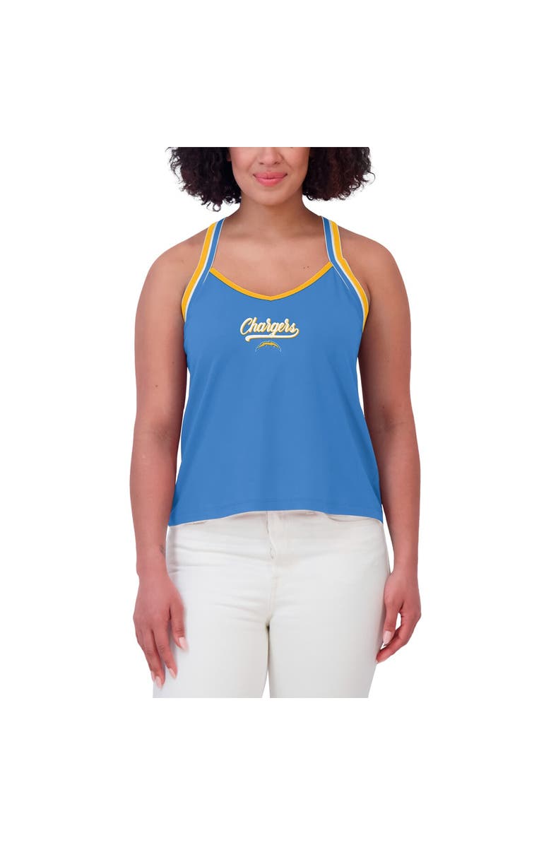 WEAR by Erin Andrews Women's WEAR by Erin Andrews Powder Blue Los Angeles Chargers Cross Strap Tri-Blend Tank Top, Alternate, color,