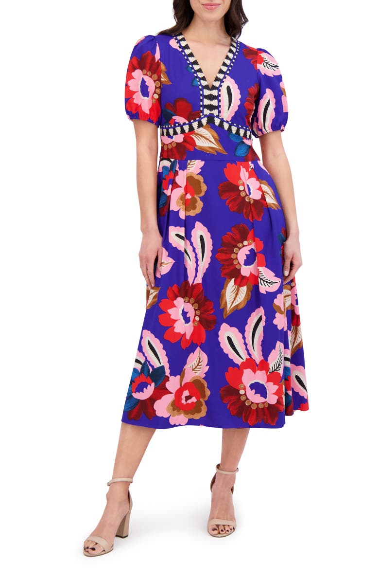 Kensie Puff Sleeve Midi Dress, Main, color, Cobalt Multi
