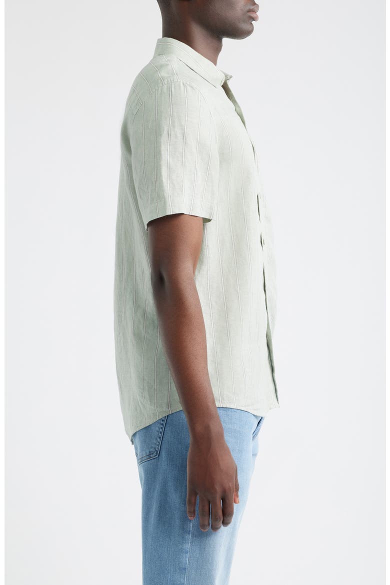 Stripe Short Sleeve Linen Button-Up Shirt, Alternate, color, GREEN BAND STRIPE