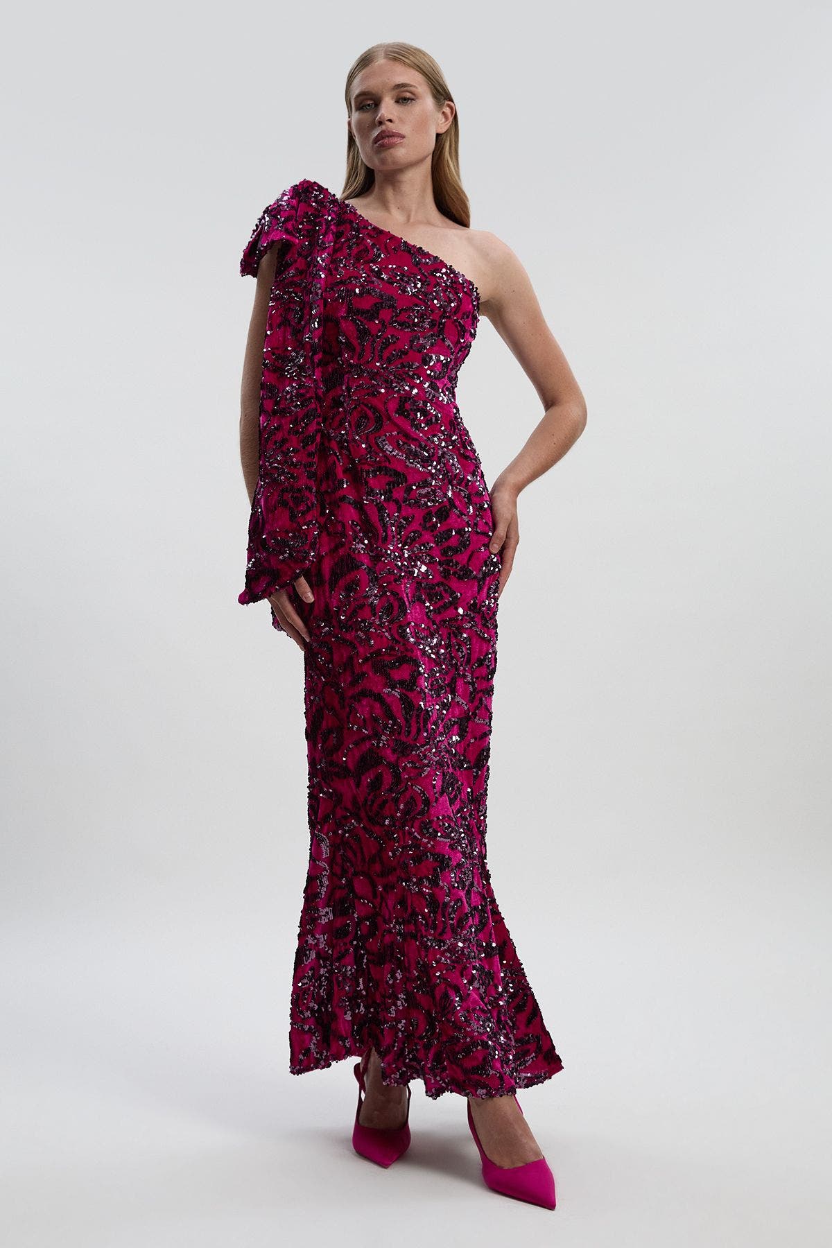 Karen Millen Velvet Sequin One Shoulder Maxi Dress In Purple