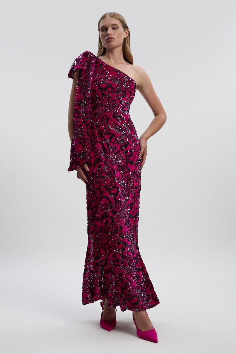 Velvet Sequin One Shoulder Maxi Dress, Main, color, Purple