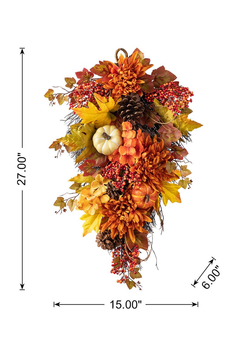 27"H Fall Dahlia Pumpkin  Leaf and Berry Teardrop, Alternate, color, Orange