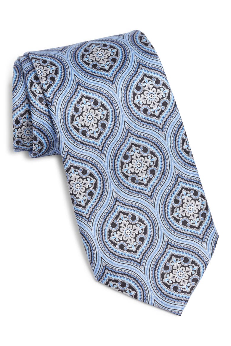 Moroccan Tile Print Silk Tie, Main, color, LIGHT BLUE/ BLUE