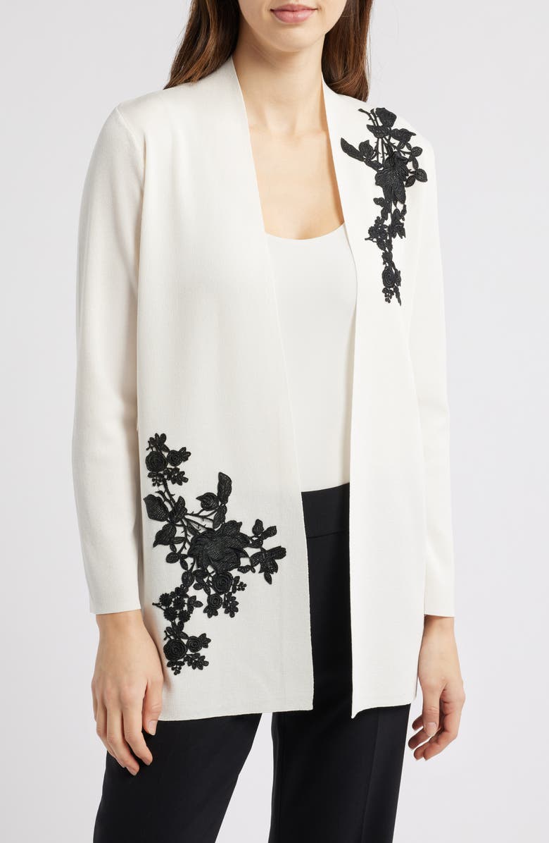 Anne Klein Floral Appliqué Open Front Cardigan, Main, color, 