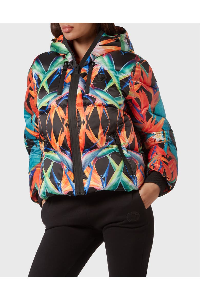 Nylon Puffer Jacket Flowers Women, Main, color, black/multicolored