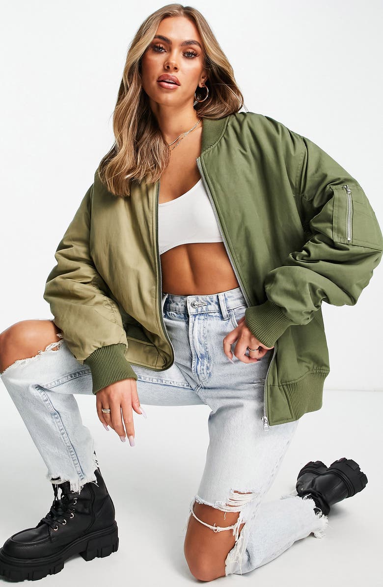 Topshop Oversize Colorblock Bomber Jacket, Alternate, color,