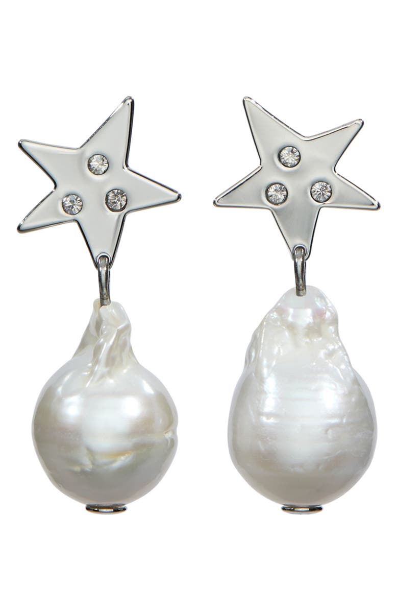 Tory Burch Star Cultured Pearl Drop Earrings, Main, color, Tory Silver / Pearl / Crystal