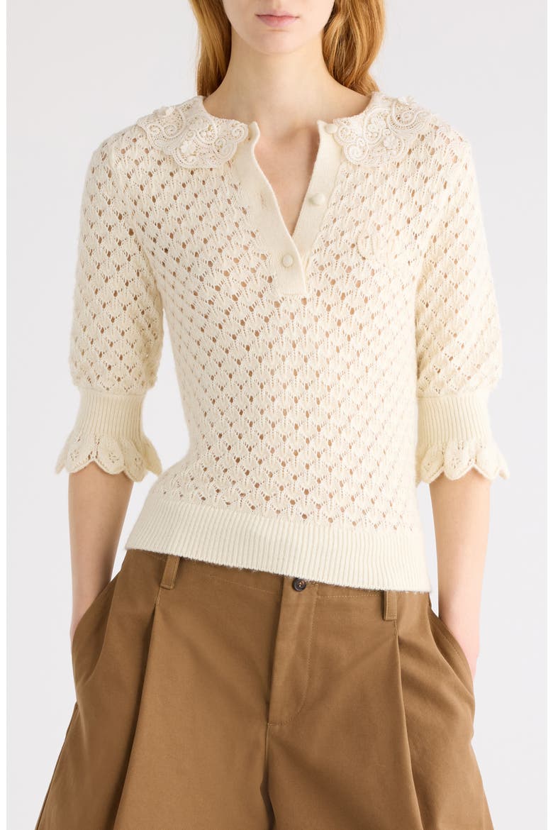 Pointelle Cotton, Alpaca & Silk Blend Sweater, Main, color, ICONIC MILK