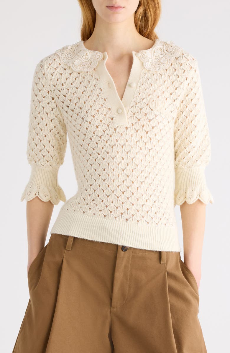 Chloé Pointelle Cotton, Alpaca & Silk Blend Sweater, Main, color, Iconic Milk