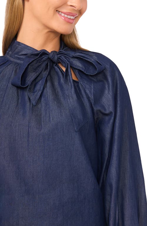 Cece Denim Tie Neck Top In Blue