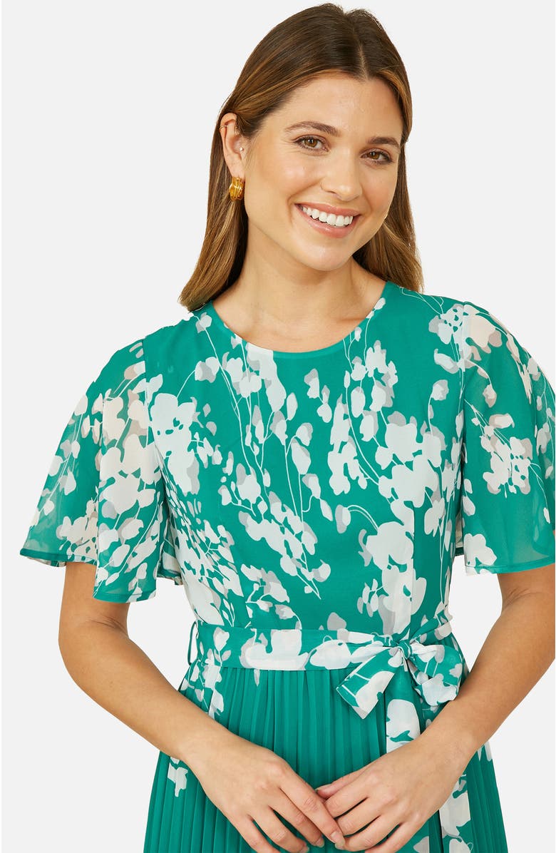 Yumi Mirror Floral Design Pleated Midi Dress, Alternate, color, Green