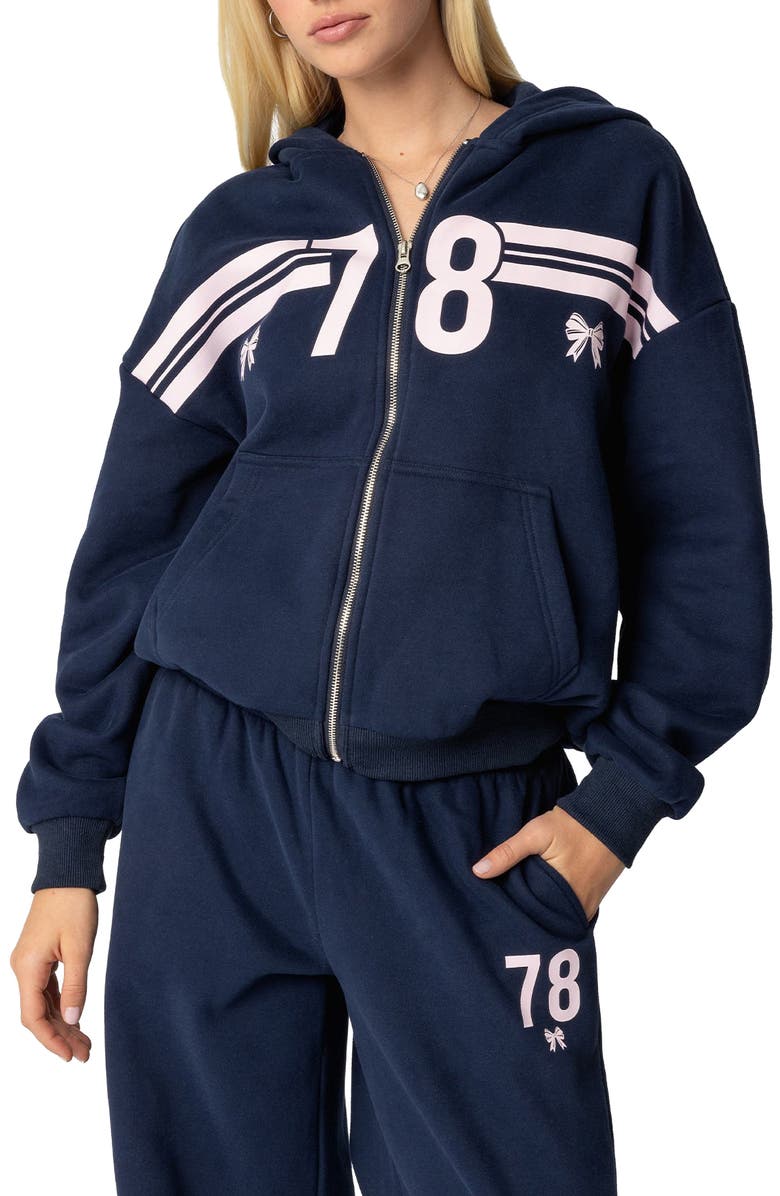 EDIKTED 78 Stripe Graphic Zip-Up Hoodie, Main, color, Navy