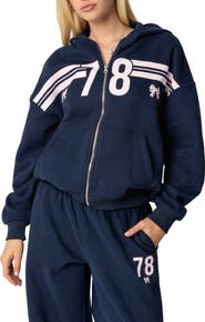 EDIKTED 78 Stripe Graphic Zip-Up Hoodie