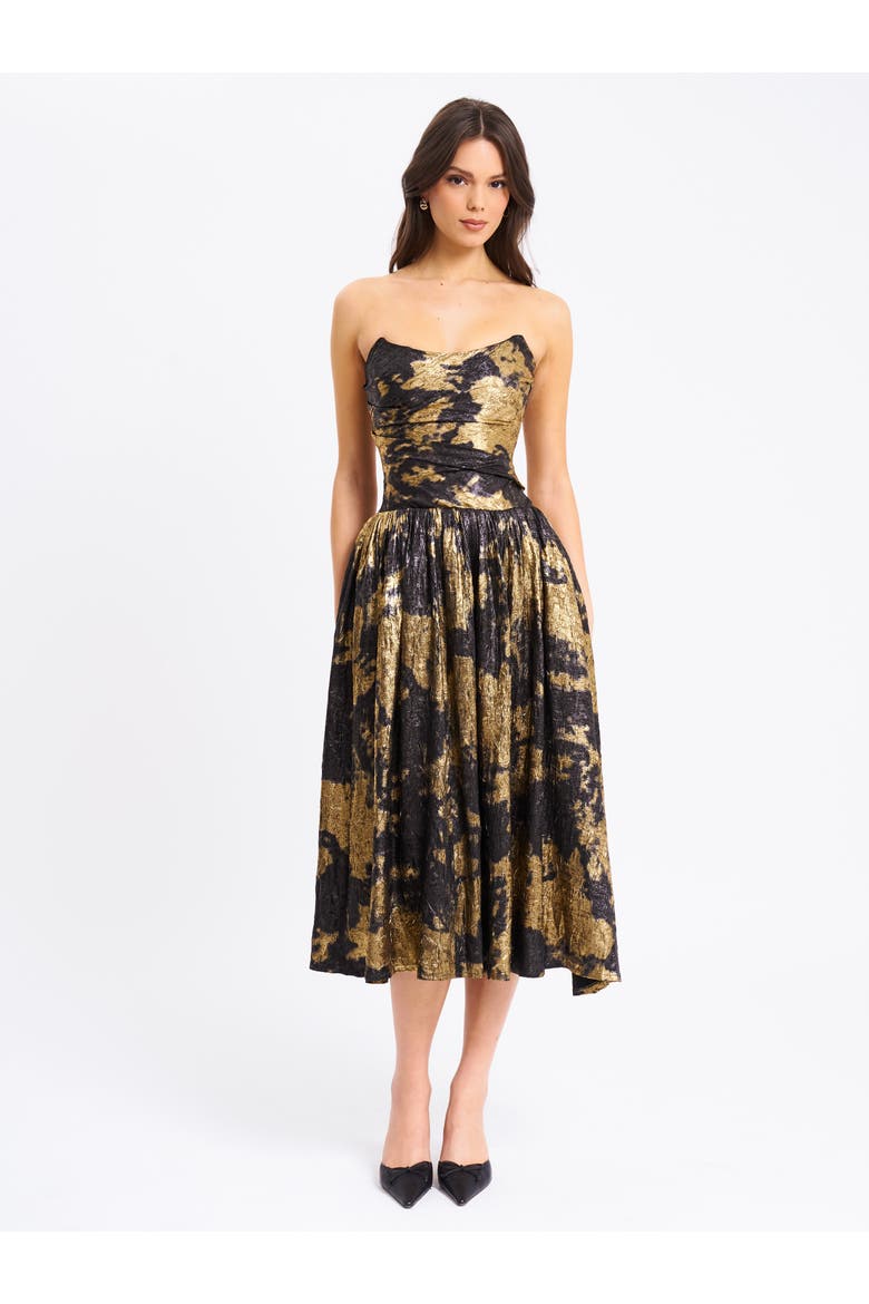 Saanvi Strapless Drop Waist Midi Dress, Alternate, color, Gold Bronzing Tie-Dye