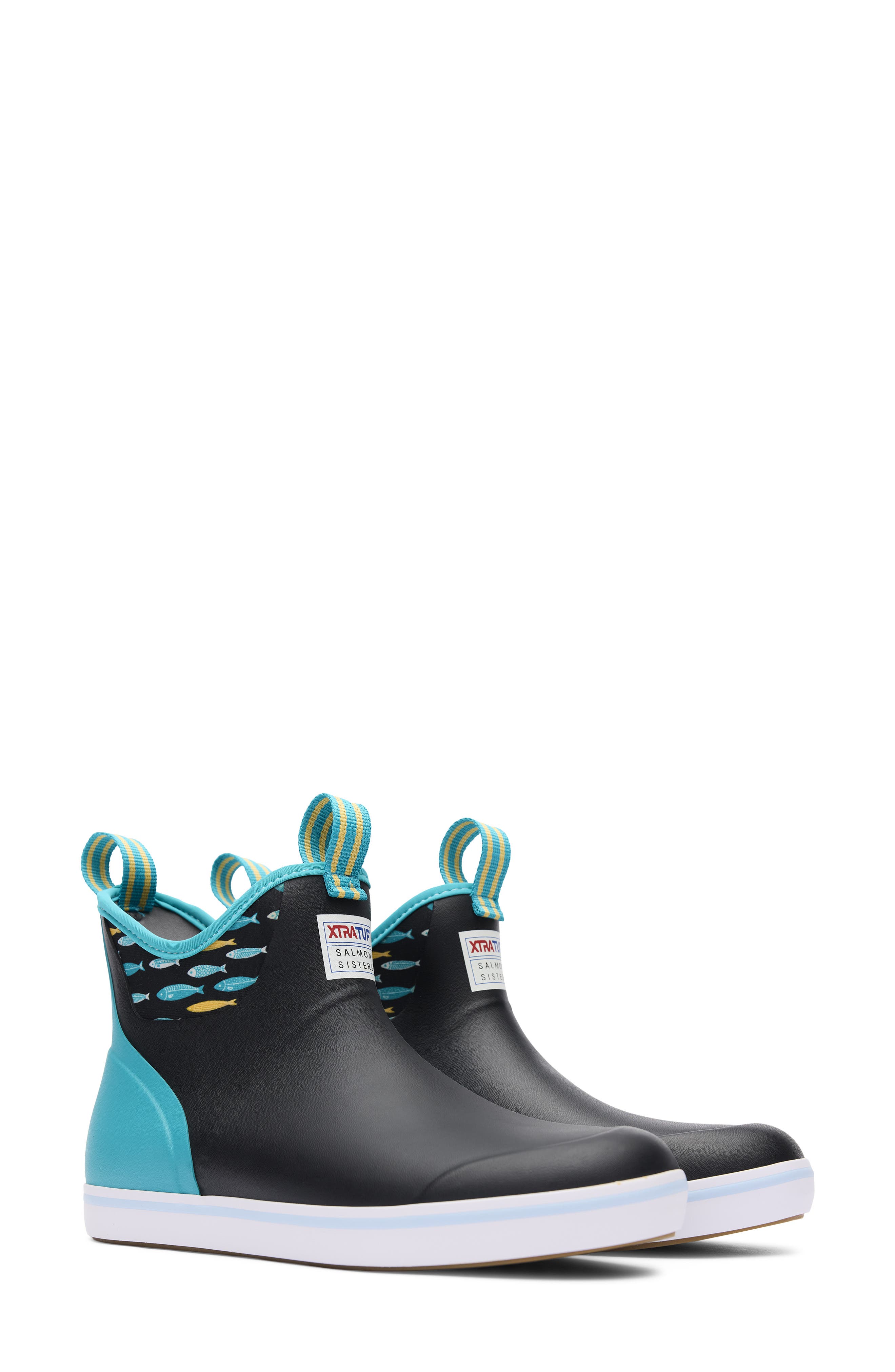 XTRATUF x Salmon Sisters Waterproof Ankle Deck Boot, Alternate, color, Black/ Tails And Scales