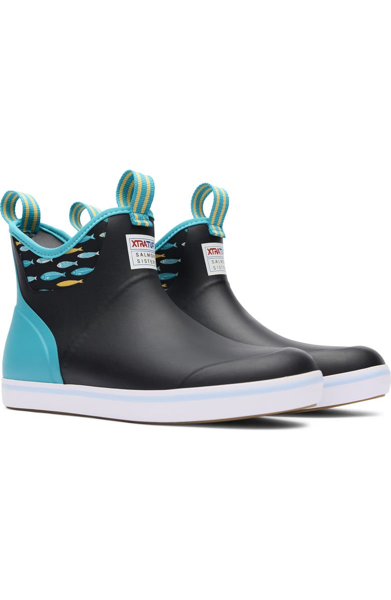 XTRATUF x Salmon Sisters Waterproof Ankle Deck Boot, Alternate, color, Black/ Tails And Scales