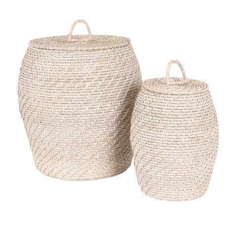 Decorative Hand-Woven Rattan Storage Baskets with Lids, Whitewashed, Set of 2